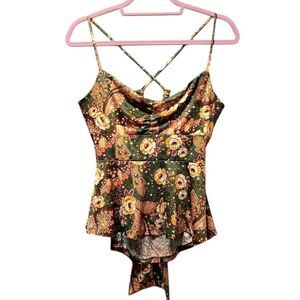 Lily White Floral‎ Cami Top Criss Cross Back Tie Peplum Green Orange L
